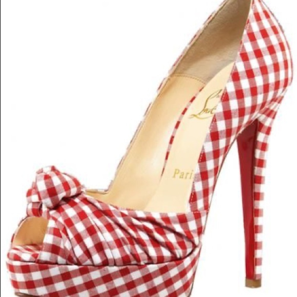 Christian Louboutin Gingham Peep Toe High Heels.
